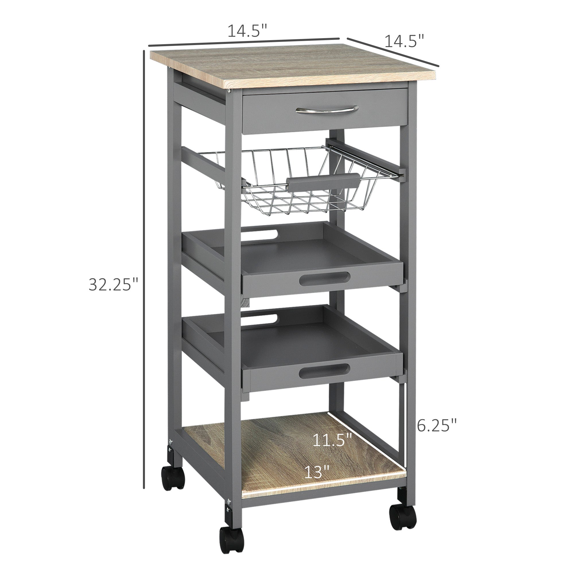 Mobile Kitchen Cart, Rolling Kitchen Island with Storage, Solid Wood Frame Utility Cart with Wire Fruit Baskets, Trays and Drawer, Gray