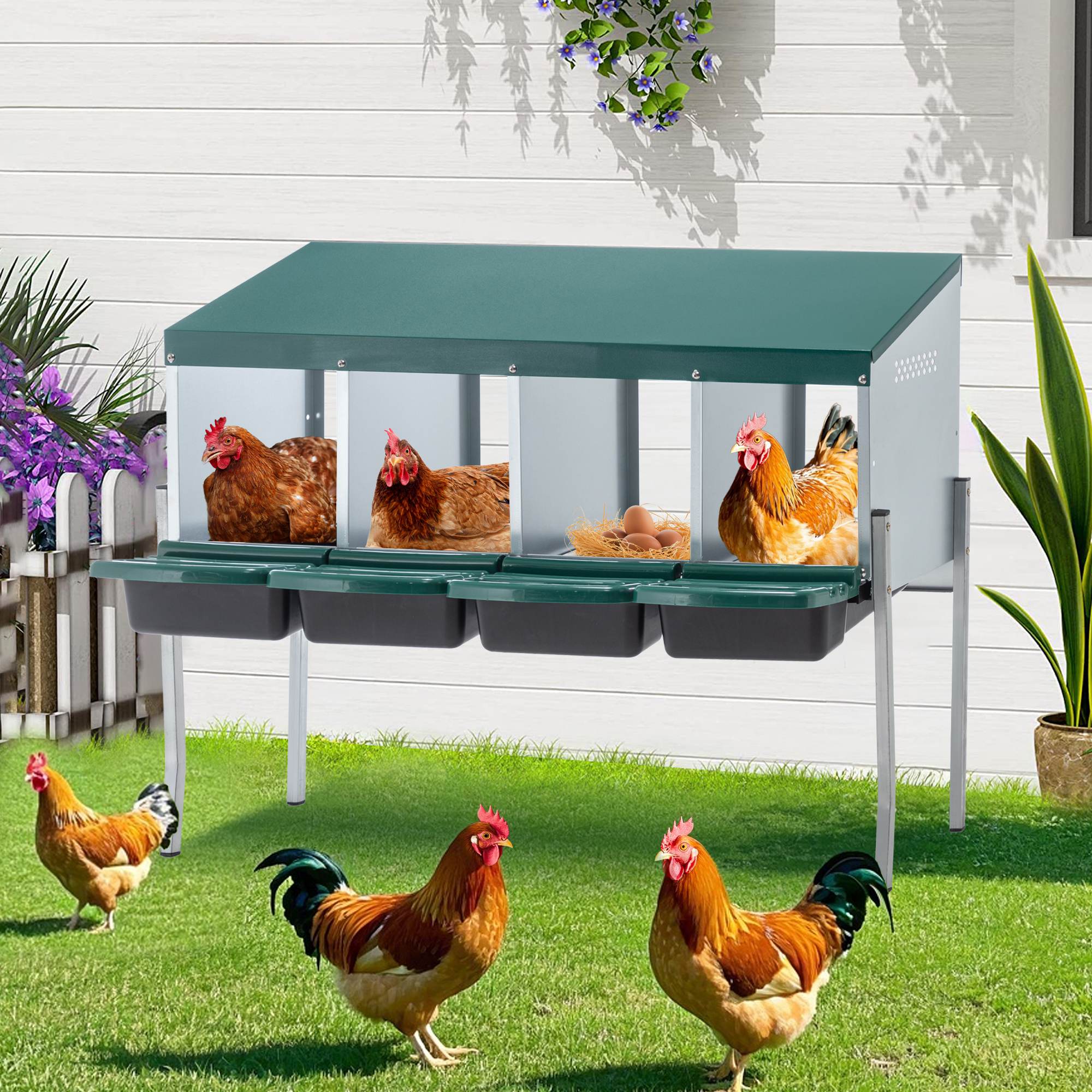 4-Hole Chicken Nest, With Legs And Cover To Protect Eggs,Green