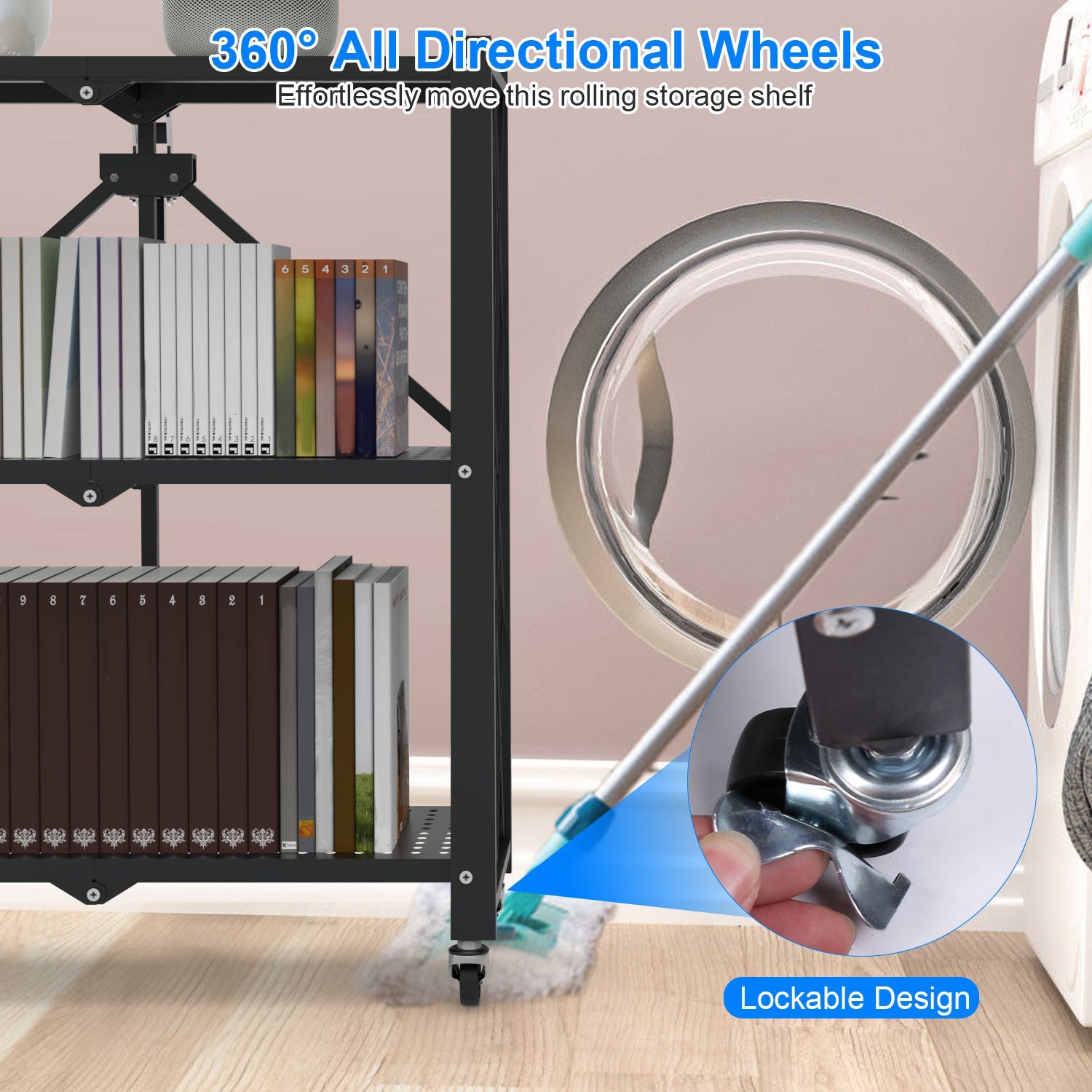 1Pc 3Tier Foldable Storage Shelf With Lockable Wheels No Assembly Rolling Utility Shelf Heavy Duty Collapsible Organizer Rack For Kitchen Living Room Basement Pantry Bedroom