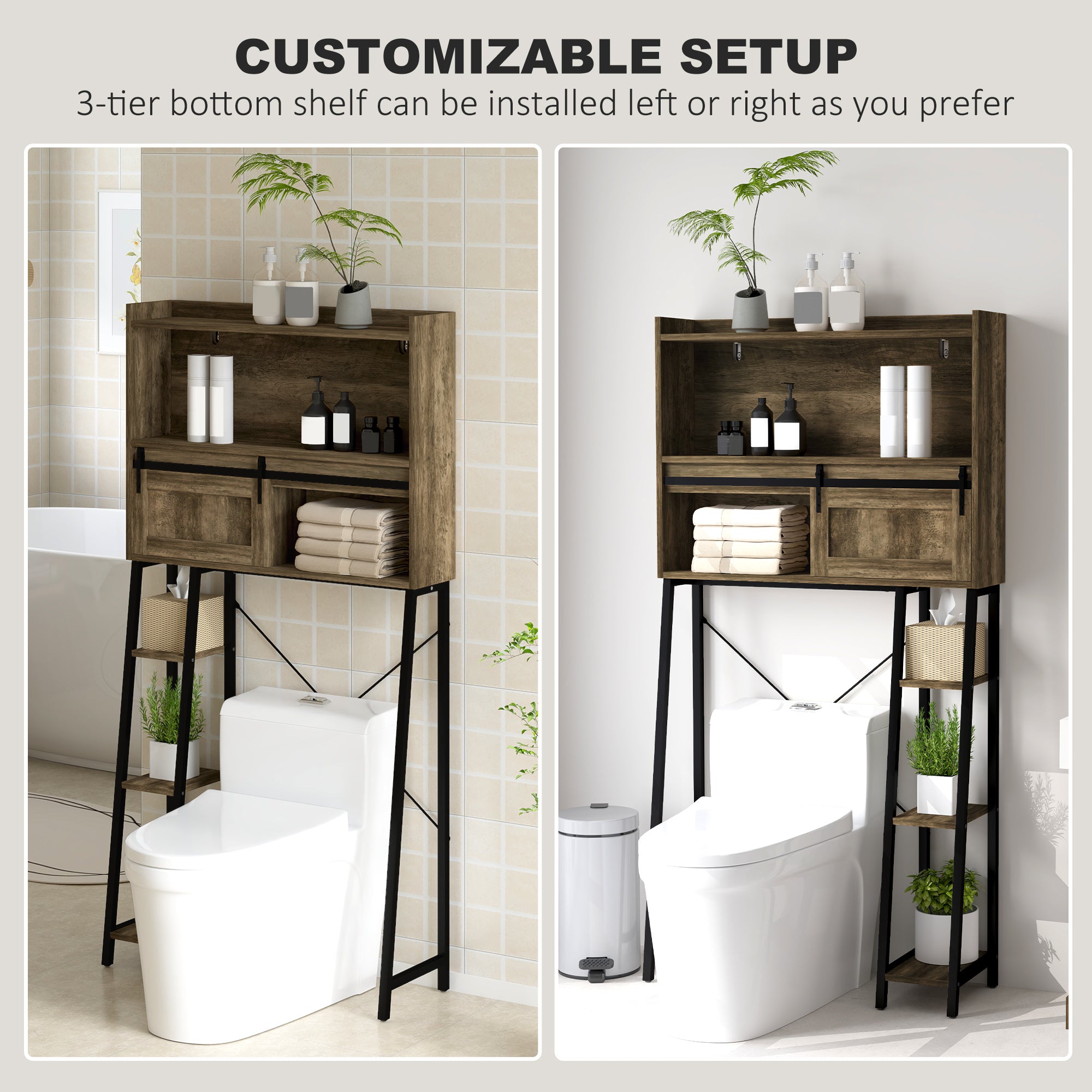 Over the Toilet Storage Cabinet, Over Toilet Bathroom Organizer with 3 Compartments, 4 Open Shelves, Distressed Brown