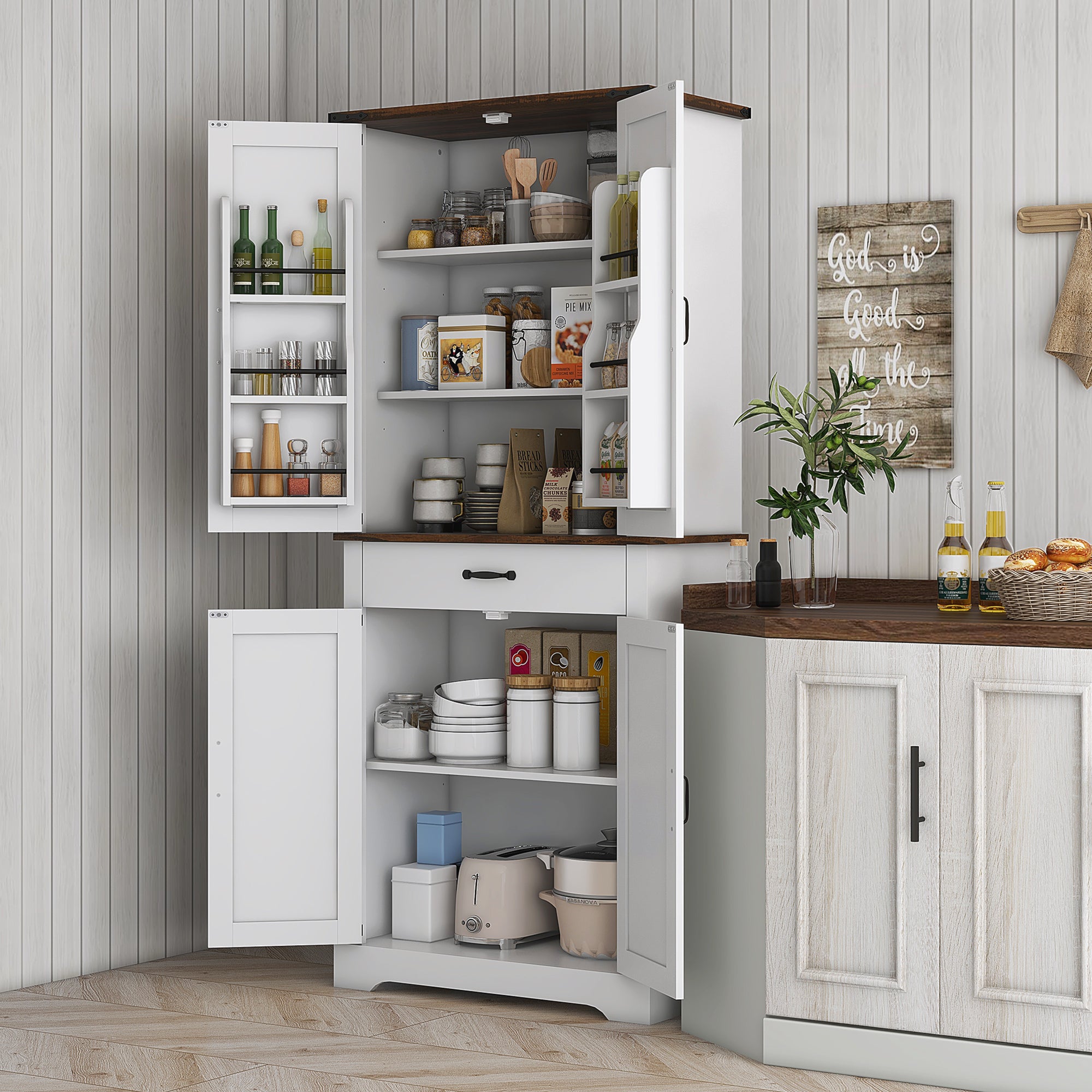 71" Tall Kitchen Cabinet, Farmhouse Pantry Cabinet w/ Barn Doors, 6 Shelves w/ 2 Doors, Drawer and Adjustable Shelves, White