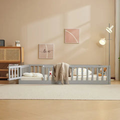 Gray Painted Pine Wood Playpen Bed With Door And Board, Full-size Children's Wooden Bed