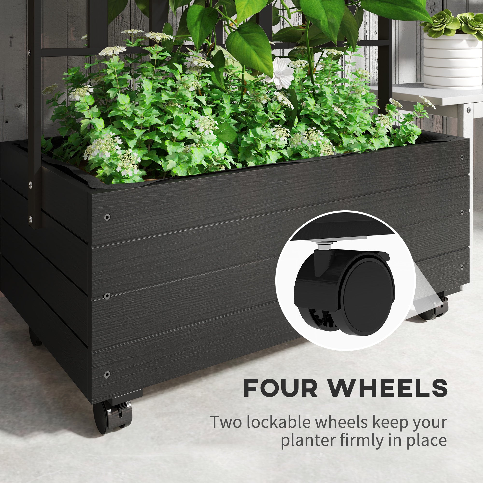 Raised Garden Bed With Trellis And Wheels, Outdoor Planter Wooden Elevated Garden Bed