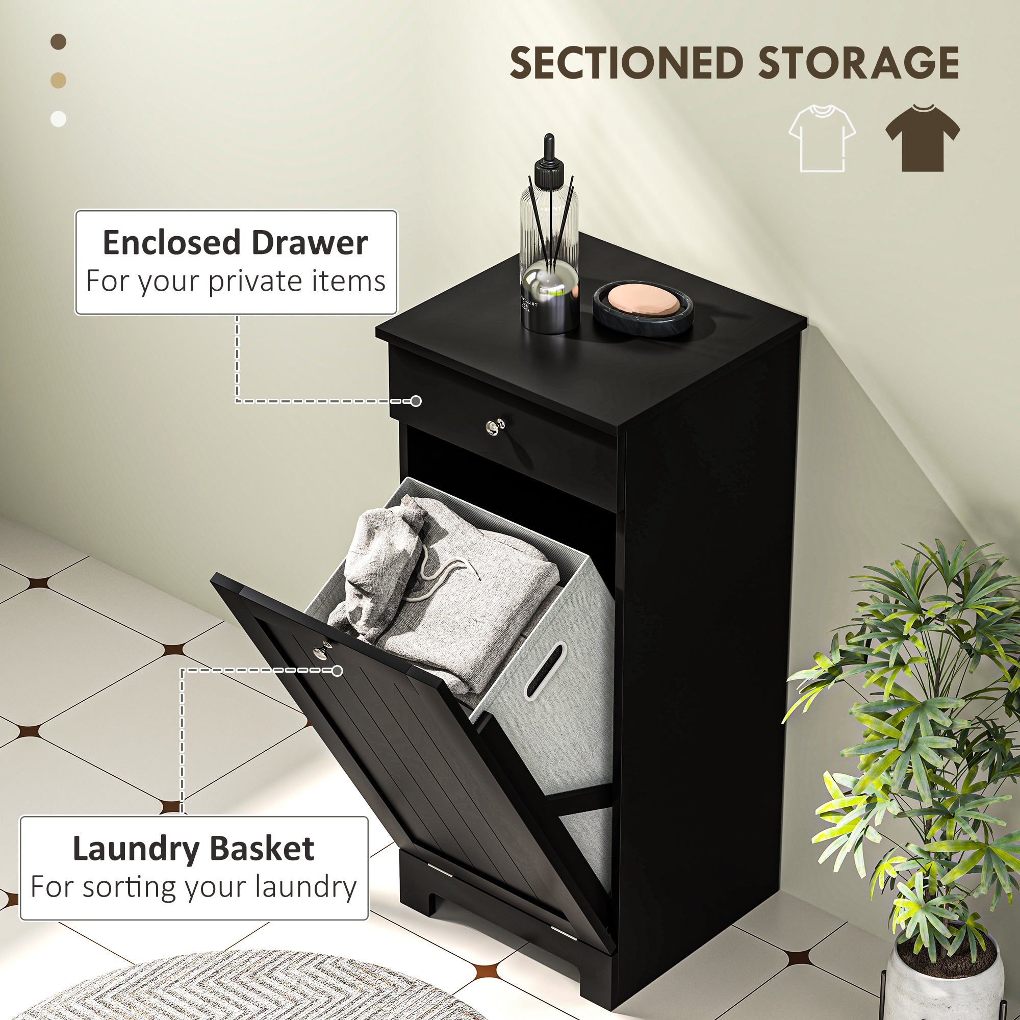 Laundry Hamper Cabinet, Laundry Cabinet with Tilt Out Laundry Basket and Drawer, Black