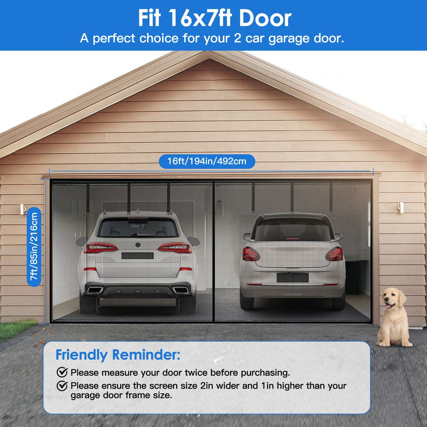 16x7FT Magnetic Garage Door Screen Two Car Garage Screen Mesh Fiberglass Garage Net With Magnetic Closure 6 Buckle Straps For Two Cars