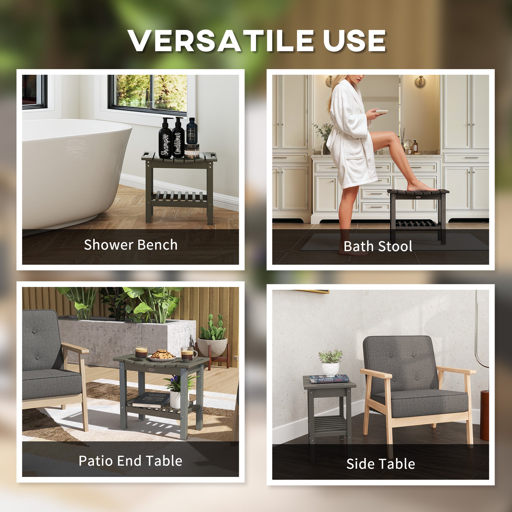 HDPE Shower Bench, Waterproof Shower Stool with Handle, Storage Shelf, Non-Slip Pads for Indoor Outdoor, Dark Gray