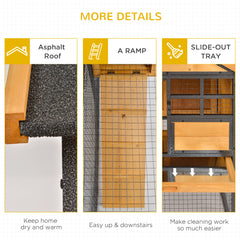 2-Level Rabbit Hutch Bunny Cage, Elevated Pet House With Weatherproof Hinged Asphalt Roof, Removable Tray & Ramp For Outdoor, Natural