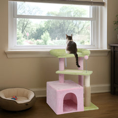 27.5in Cat Tree, Multi-level Cat Tower With Cat Scratching Post And Pad, Cozy Cat Condo, Padded Top Bed For Kittens And Indoor Cats, Pink & Green