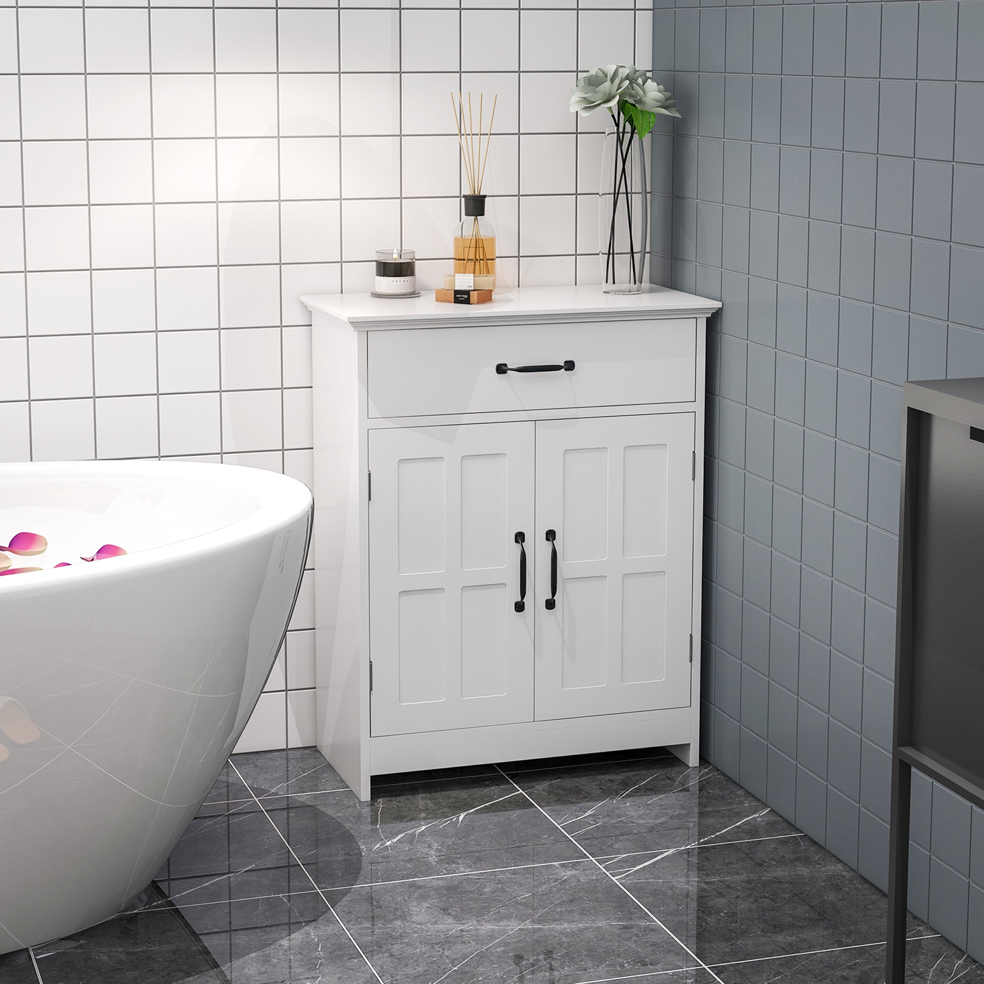 Bathroom Storage Cabinet, Modern Bathroom Cabinet with 2 Doors, Storage Drawer & Adjustable Shelf, White