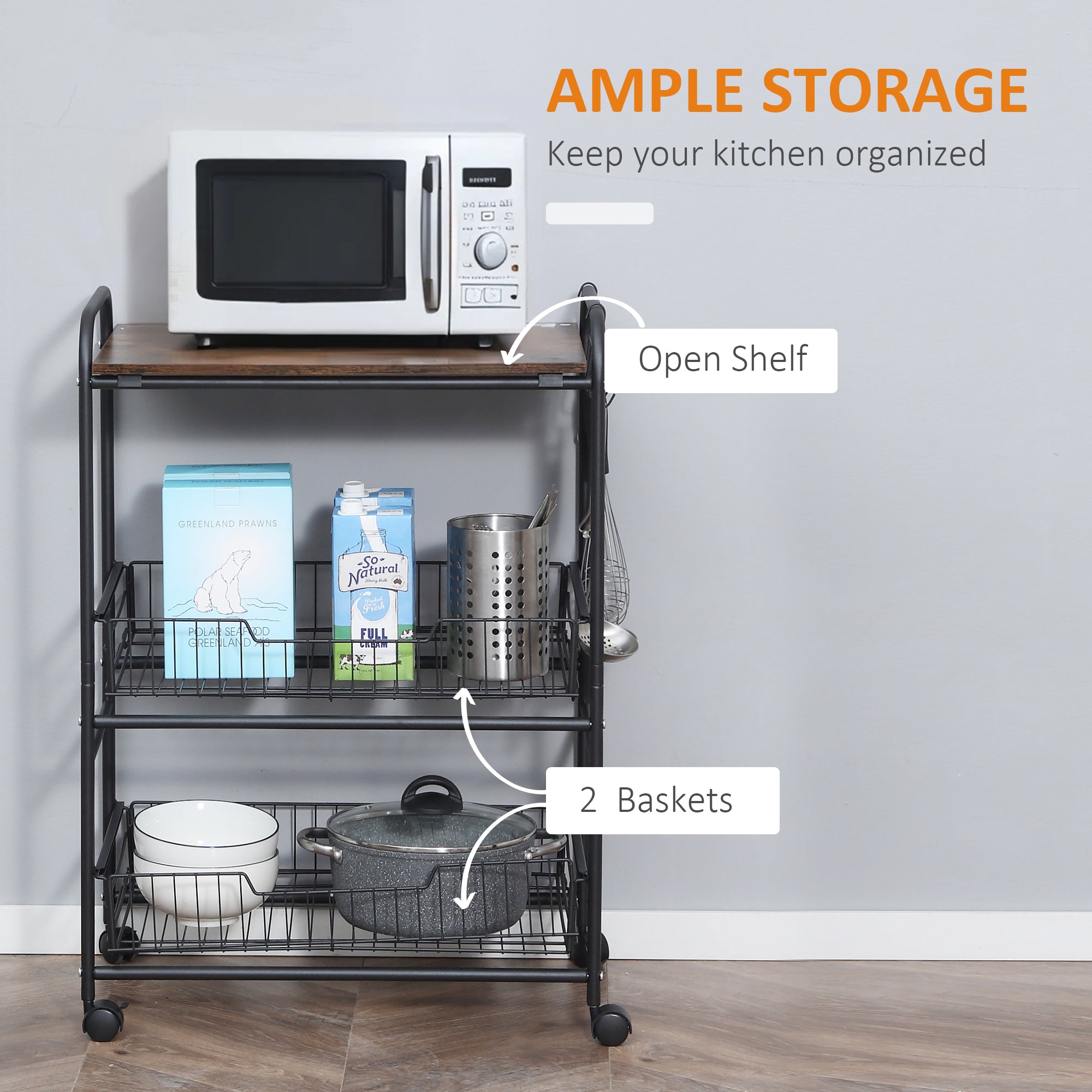 3 Tier Kitchen Cart with Storage, Rolling Kitchen Island Cart with 2 Sliding Fruit Basket and Side Hooks for Dining Room, Rustic Brown