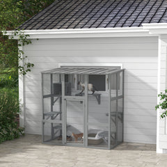 Catio Outdoor Cat Enclosure, Window Box Wooden Cat House with Bridge Platforms, Gray