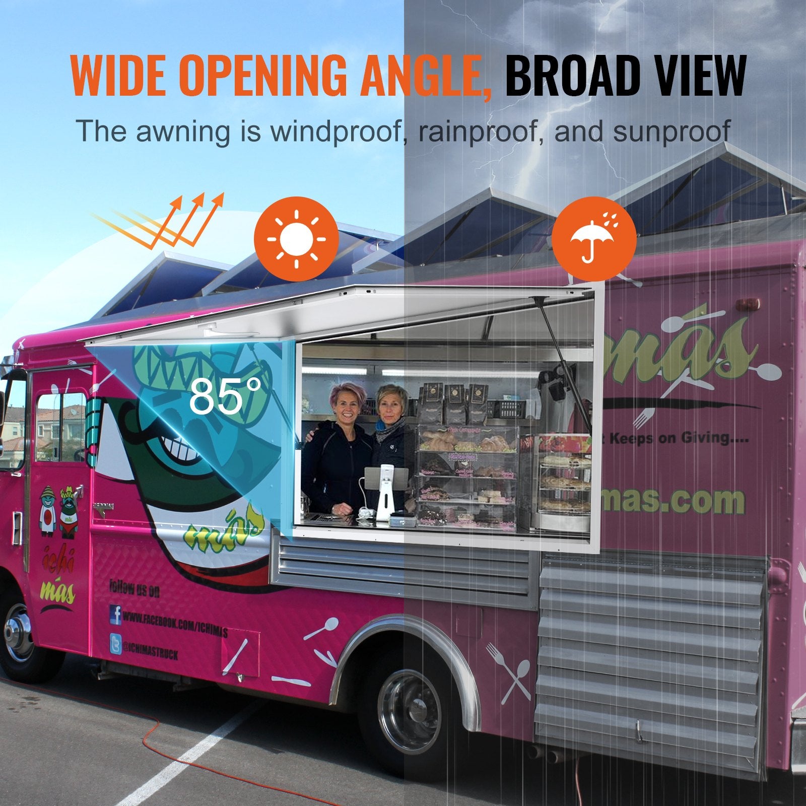 Concession Window 48"x36", Aluminum Alloy Food Truck Service Window With Awning Door & Drag Hook, Up To 85 Degrees Stand Serving Window For Food Trucks Concession Trailers, Glass Not Included