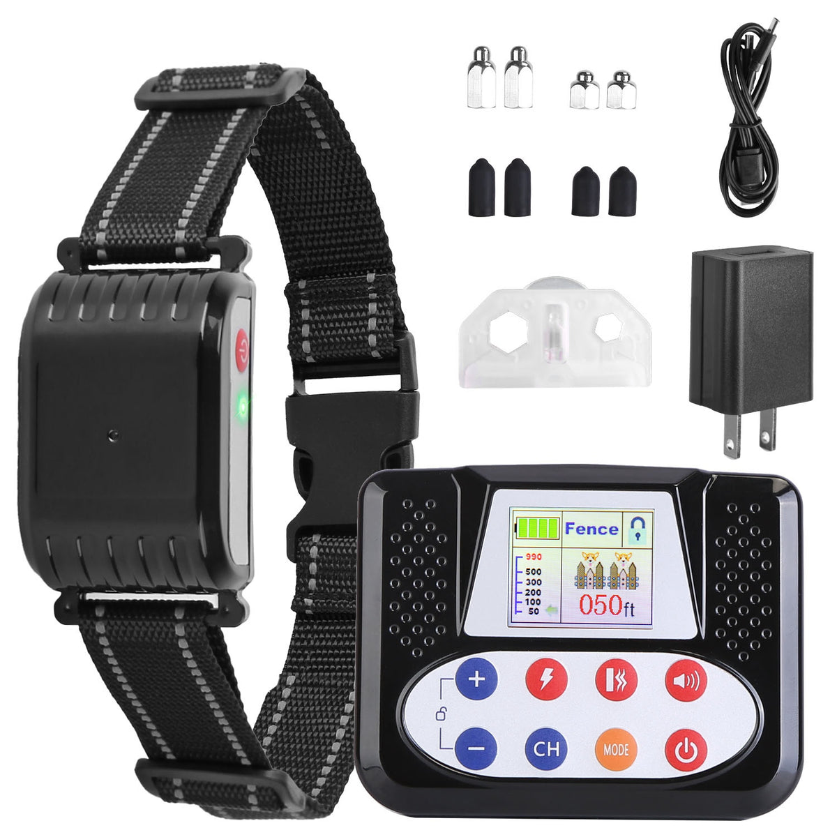 1Set 990FT Range Dog Wireless Fence Remote Training Collar IPX6 Waterproof Receiver With 0-9 Levels Beep Vibration Shock Mode 4 Channels Rechargeable Transmitter System