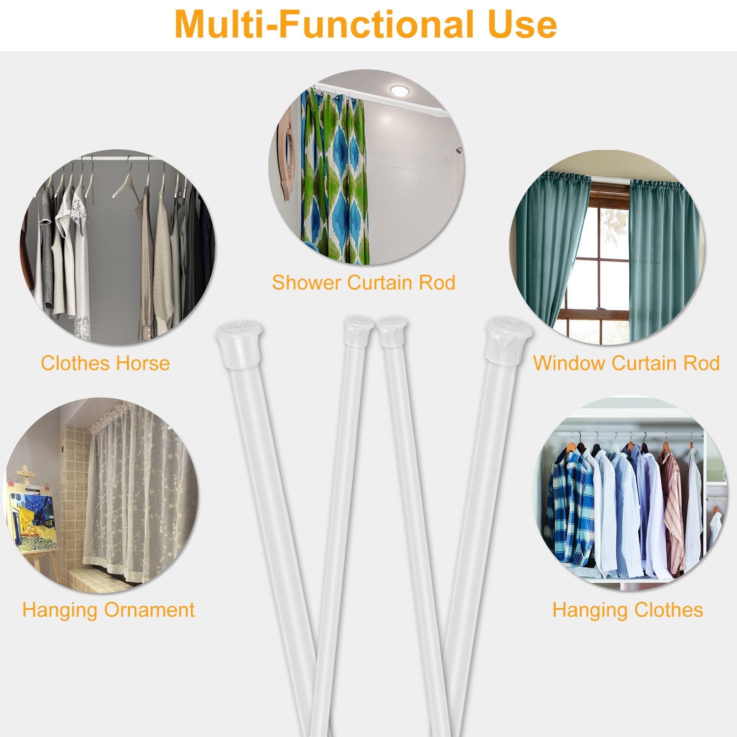 1Pc Tension Curtain Rod Spring Load Adjustable Curtain Pole Heavy-Duty Steel 4 Sizes For Bathroom Wardrobe Kitchen Balcony