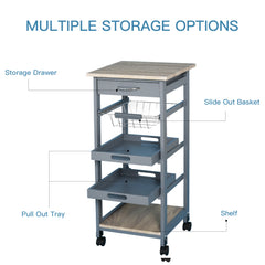 Mobile Kitchen Cart, Rolling Kitchen Island with Storage, Solid Wood Frame Utility Cart with Wire Fruit Baskets, Trays and Drawer, Gray