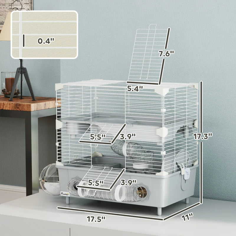 2-Tier Hamster Cage With Sand Bathroom, Running Wheel, Water Bottle, Tubes, Accessories, For Hamster, Gray