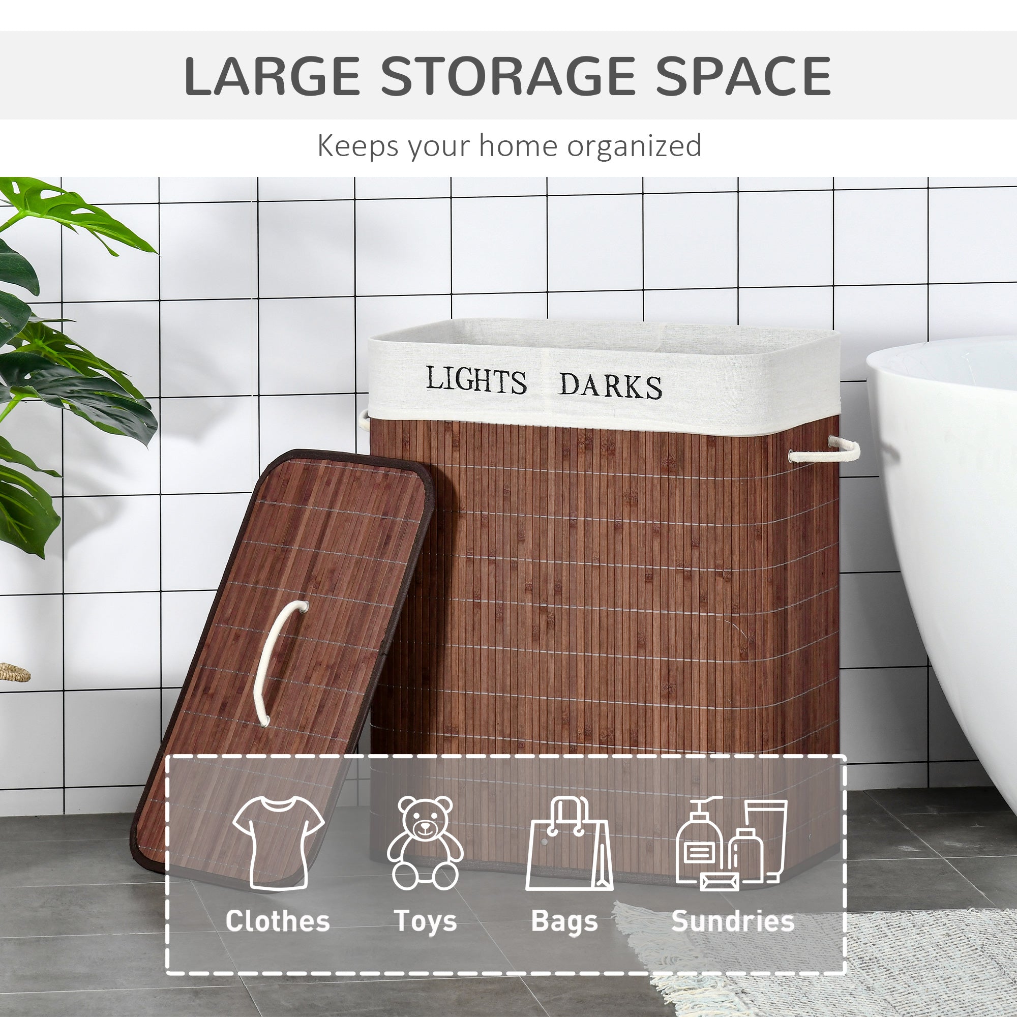 Bamboo Laundry Basket With Lid And String Handles, Collapsible Laundry Hamper With 2 Removable Bags