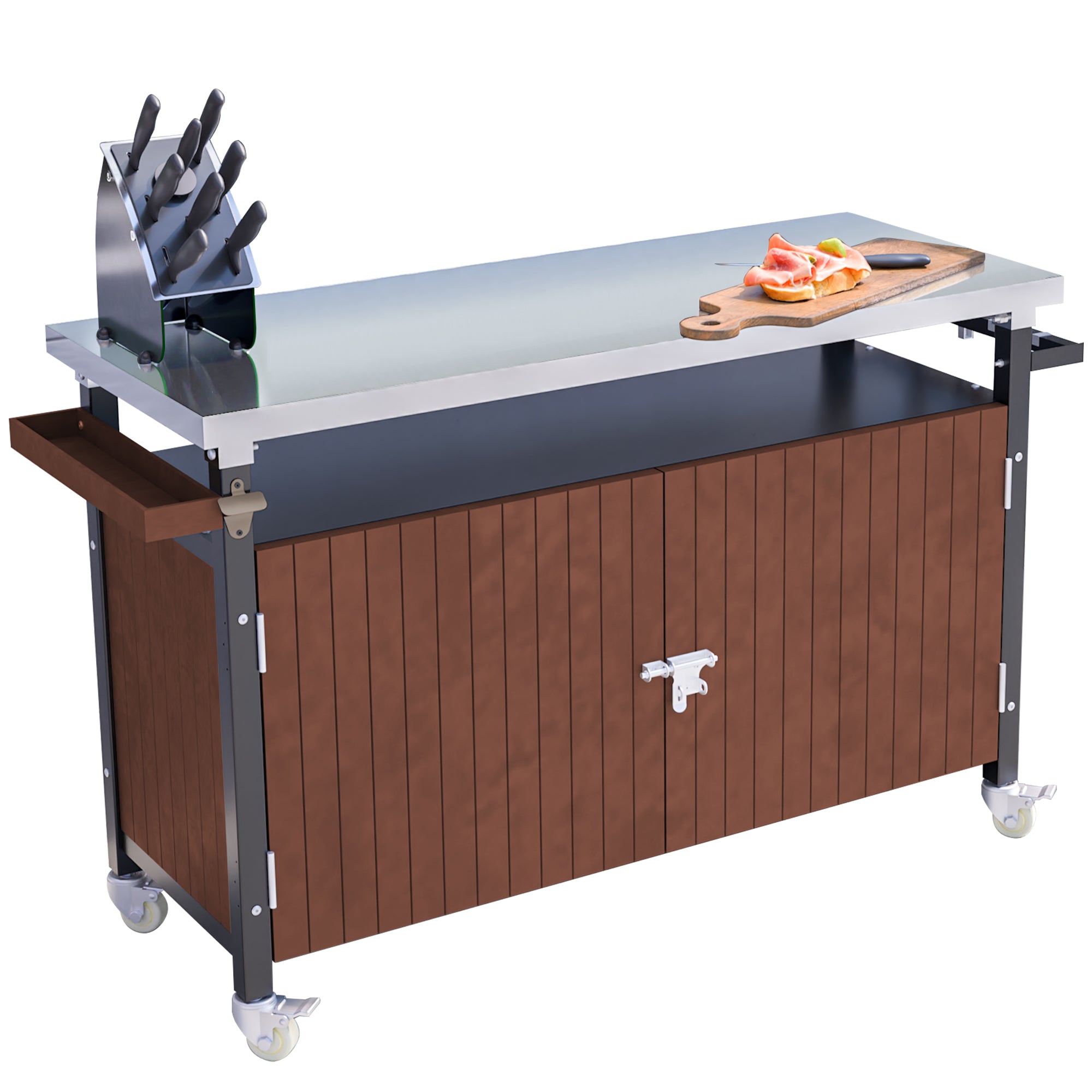Outdoor Grill Cart With Stainless Steel Tabletop, Storage, Patio Kitchen Island With Wheels, Hooks, And Spice Rack, Waterproof Outdoor Grill Table, Movable BBQ Serving Cart Rolling Bar Cart