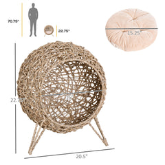 20.5" Weaved Cat Bed, Elevated Hand-woven Braided Banana Leaf Kitten House Condo with Cushion, Beige