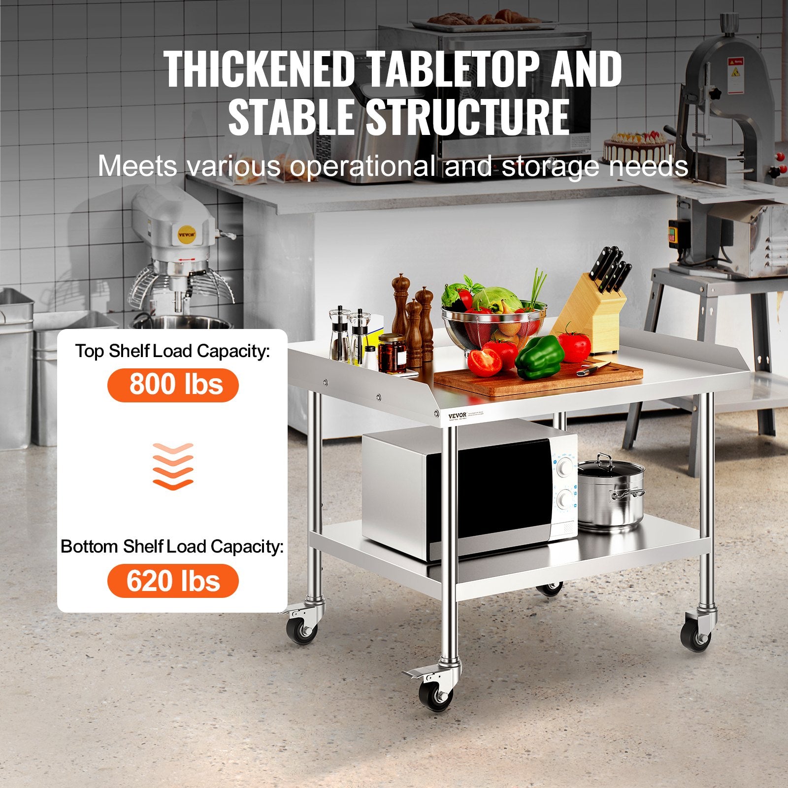 Stainless Steel Work Table, 30 X 36 X 30 Inch Commercial Food Prep Worktable With 4 Wheels, Casters, 3-Sided Backsplash Heavy Duty Prep Worktable, Metal Work Table For Restaurant Home Hotel