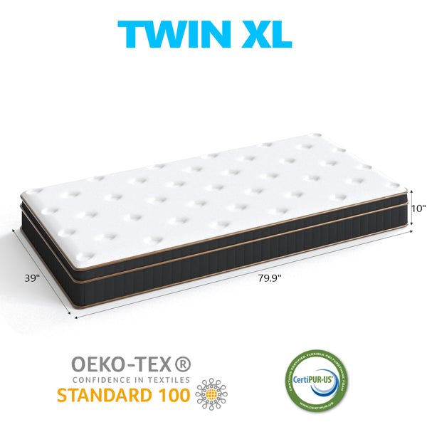 10 Inch Twin XL Mattress, Innerspring Mattress With Black Gold Trim & White Cover - Medium Firm Support, Breathable Design For College Dorms, Tall Sleepers & Guest Rooms