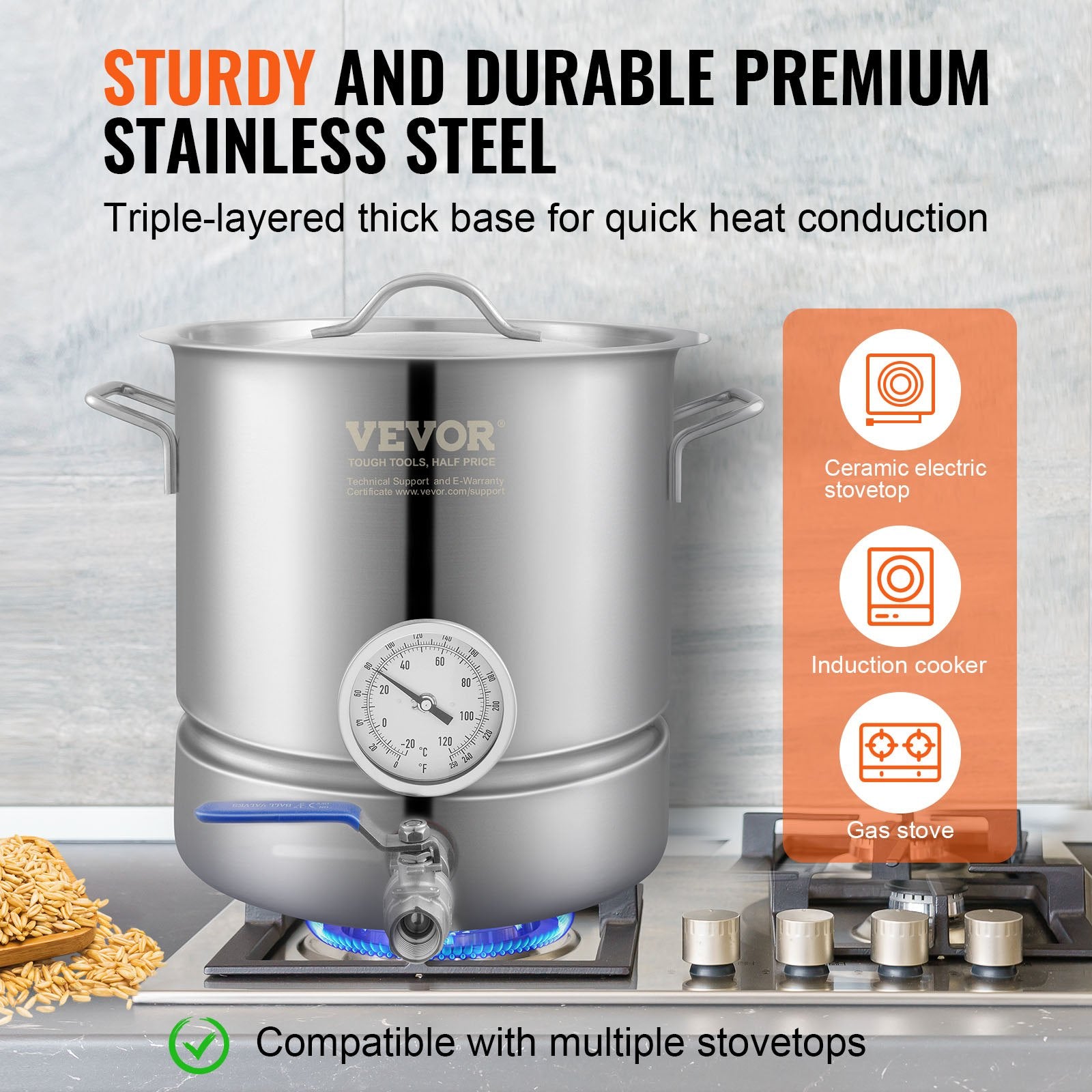 Stainless Steel Kettle, 5 GALLON Brewing Pot, Tri Ply Bottom For Beer, Brew Kettle Pot, Home Brewing Supplies Includes Lid, Handle, Thermometer, Ball Valve Spigot, Filter, Filter Tray
