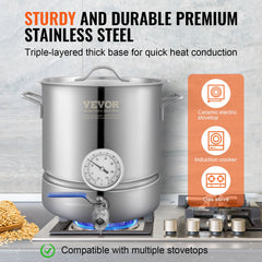 Stainless Steel Kettle, 5 GALLON Brewing Pot, Tri Ply Bottom For Beer, Brew Kettle Pot, Home Brewing Supplies Includes Lid, Handle, Thermometer, Ball Valve Spigot, Filter, Filter Tray