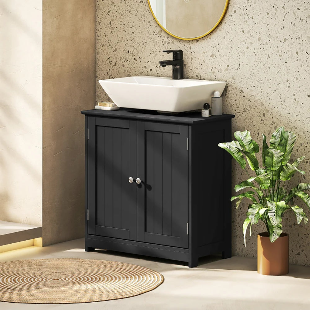 Pedestal Sink Storage Cabinet, Bathroom Sink Cabinet With U-Shape Cut-Out And Adjustable Shelf, Black