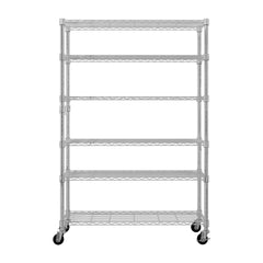 6-Tier Modular Shelving Unit With 1 Row Of Side Hooks Features Adjustable Feet And Casters Iron Construction Freely Adjustable Shelf Spacing Home Shelving Unit 117x45x208cm Silver Paint Finish
