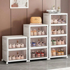 Stackable Shoe Storage Rack, Plastic Cabinet With Clear Doors For Home Use