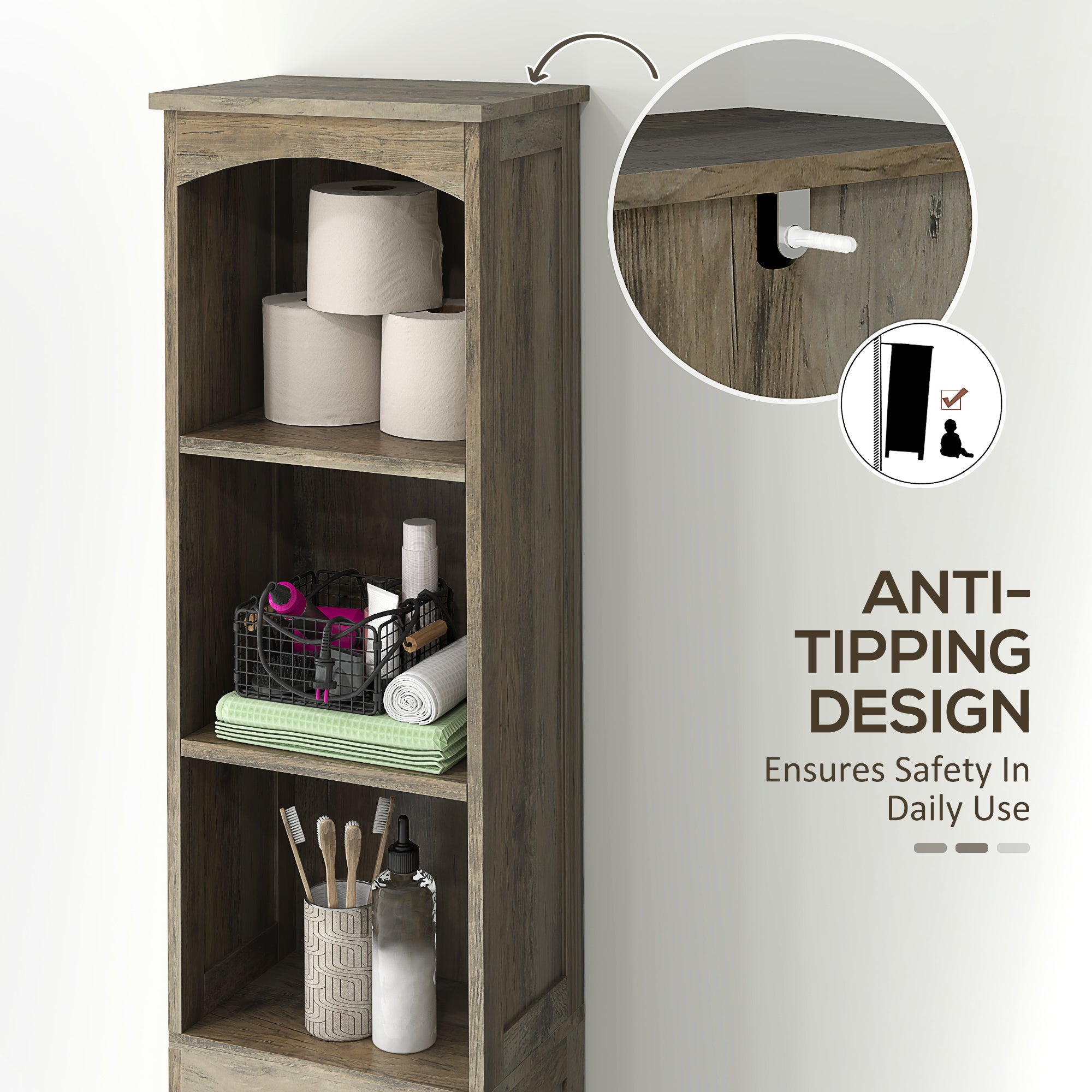 Farmhouse Tall Slim Bathroom Storage Cabinet with Recessed Drawer, Narrow Cabinet with Barn Door, Weathered Gray Oak