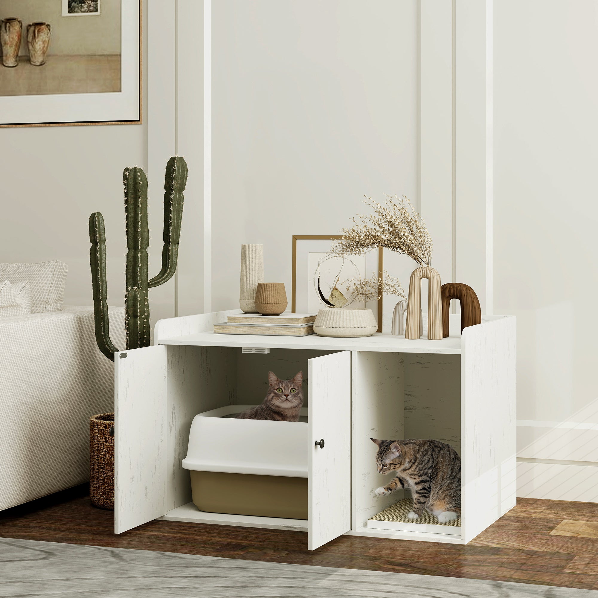 32 Cat Litter Box Enclosure With Scratching Mat, Cat Entrance, Fit Most Of Cat And Litter Box, Distressed White