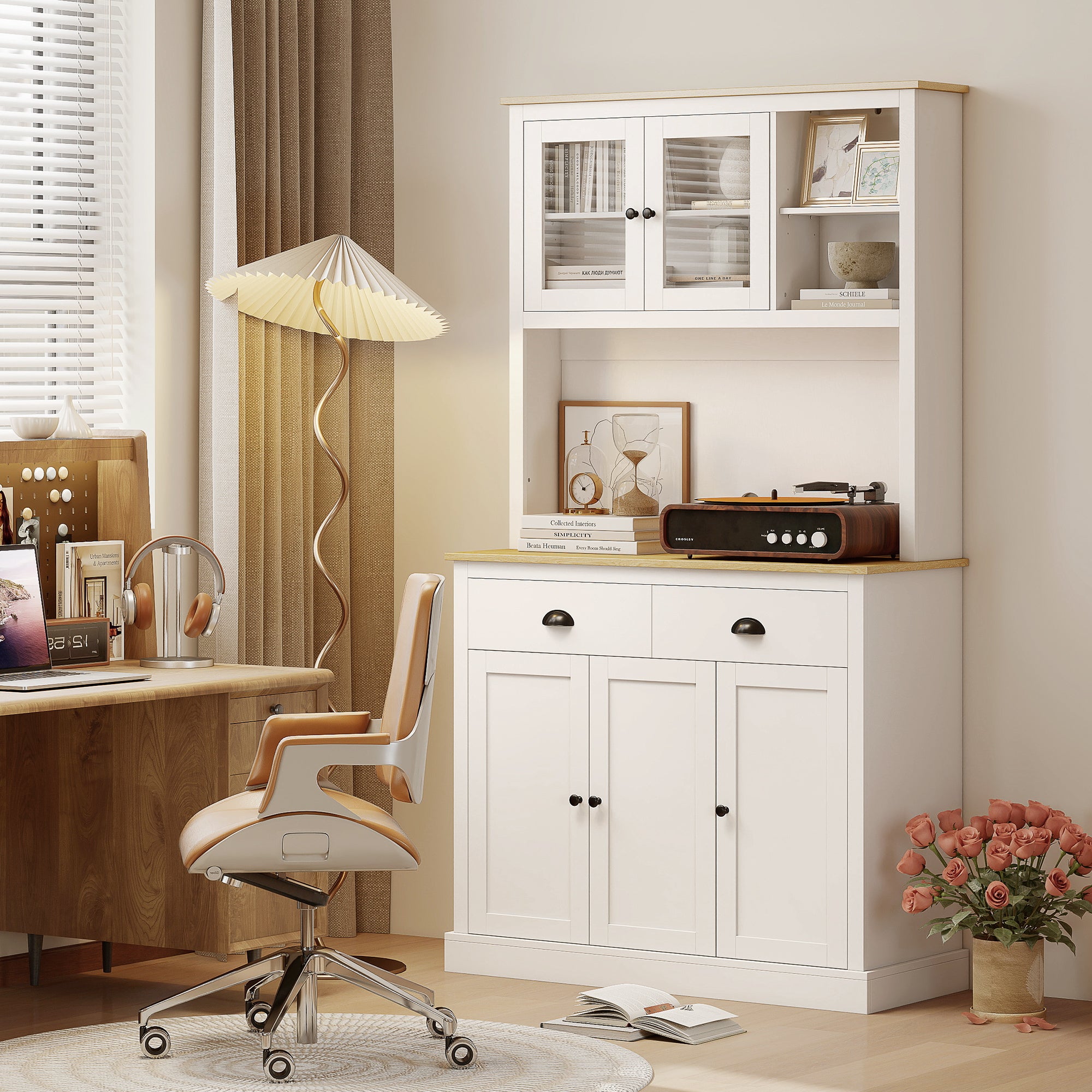 Freestanding Kitchen Cabinet, 71" Tall Pantry Cabinet, Modern Hutch with Wide Countertop, Adjustable Shelves, White