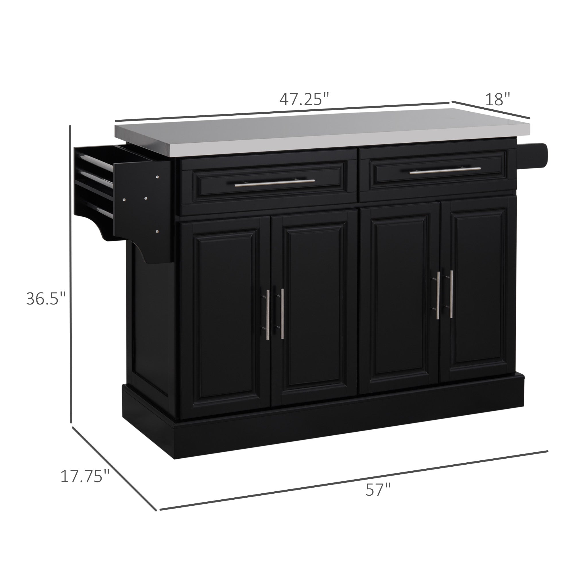 Rolling Kitchen Island Cart with Wheels, Portable Island Table for Kitchen with Stainless Steel Top, Adjustable Shelves, 2 Drawers, Spice, Knife and Towel Rack, Black