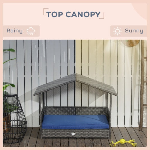 PawHut Wicker Dog House Outdoor With Canopy, Rattan Dog Bed With Water-resistant Cushion, For Small And Medium Dogs, Dark Blue