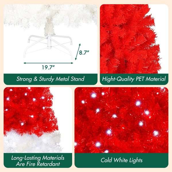 6FT Artificial Christmas Tree With LED Light, Santa's Hat Shape Artificial Whimsical Xmas Tree With 1050 Tip, Curved Xmax Tree
