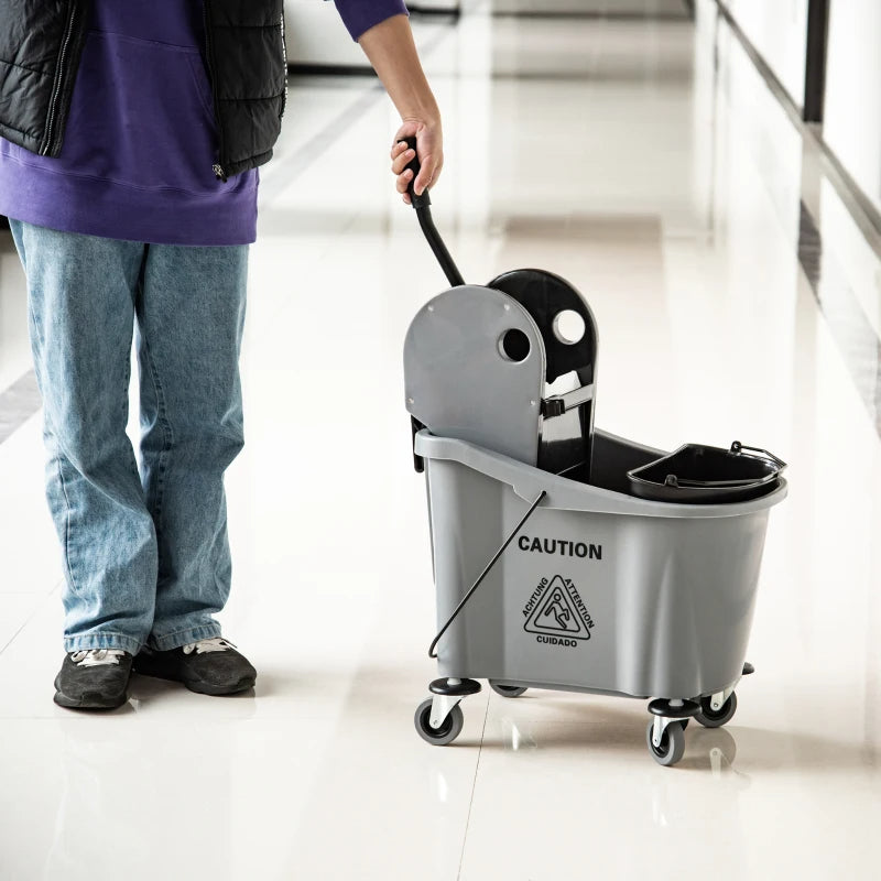 9.5 Gallon 38 Quart Mop Bucket With Wringer Cleaning Cart, 4 Moving Wheels, 2 Separate Buckets, & Mop-Handle Holder, Grey