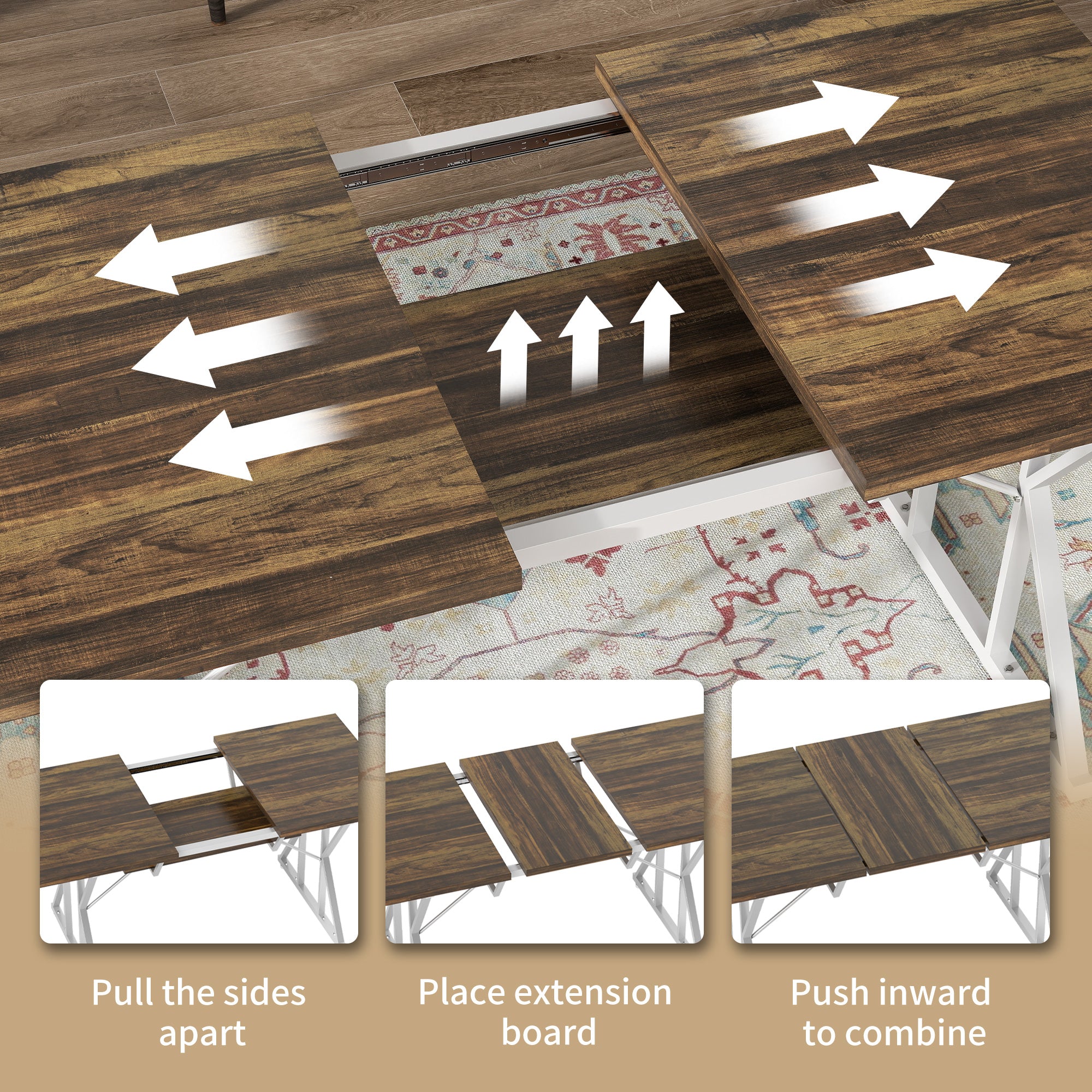 47"-63" Extendable Dining Table for 4-6, Farmhouse Expandable Kitchen Table with Heavy Duty Trestle Base, Brown