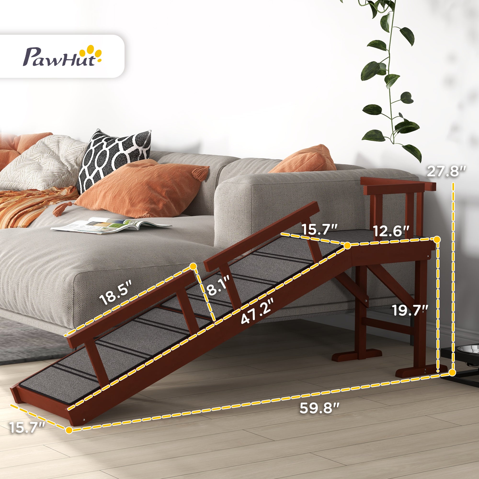 Wooden Dog Ramp with Removable Guardrails, Non-Slip Surface, 60" Long, Brown