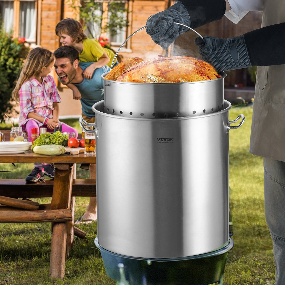 64QT Stainless Steel Stockpot Cooking Kitchen Sauce Pot With Basket Lid Handle
