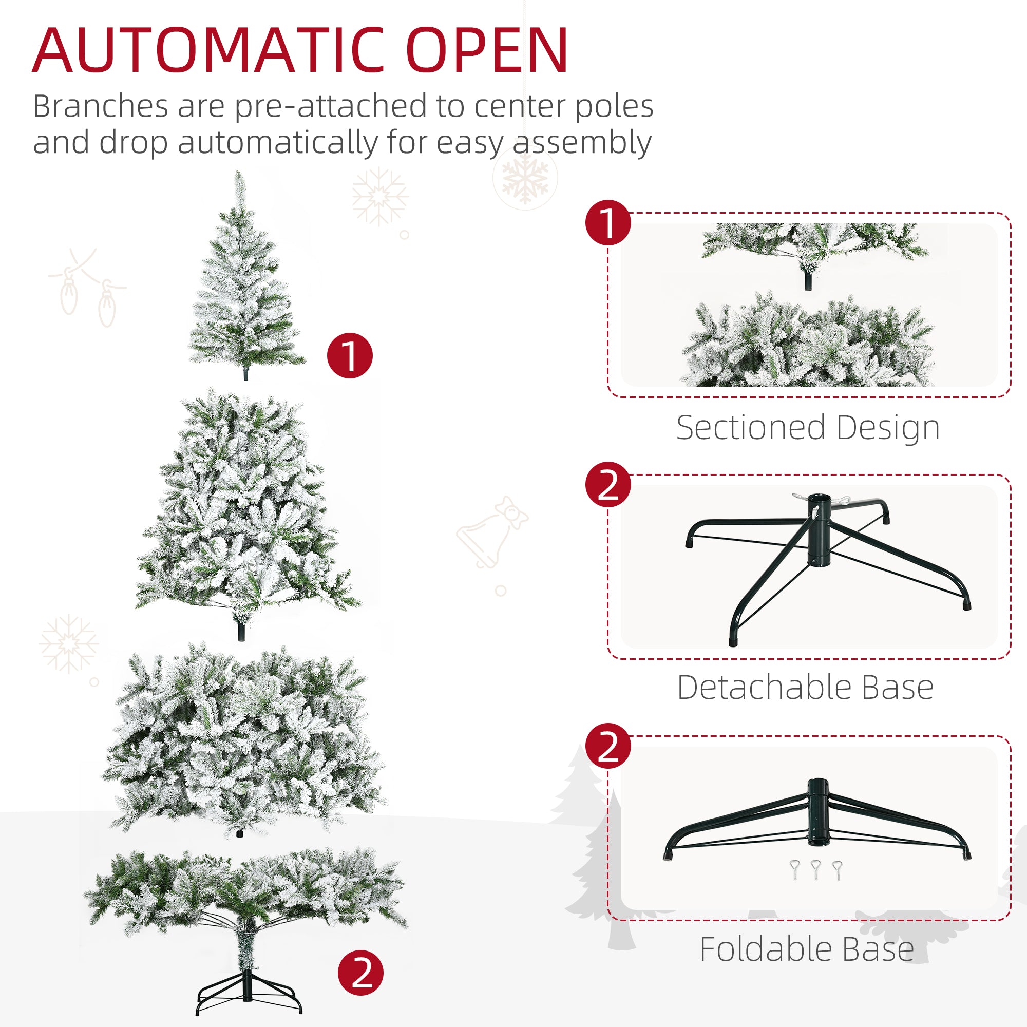 HOMCOM 9' Tall Unlit Snow Flocked Pine Artificial Christmas Tree With Realistic Branches, Green