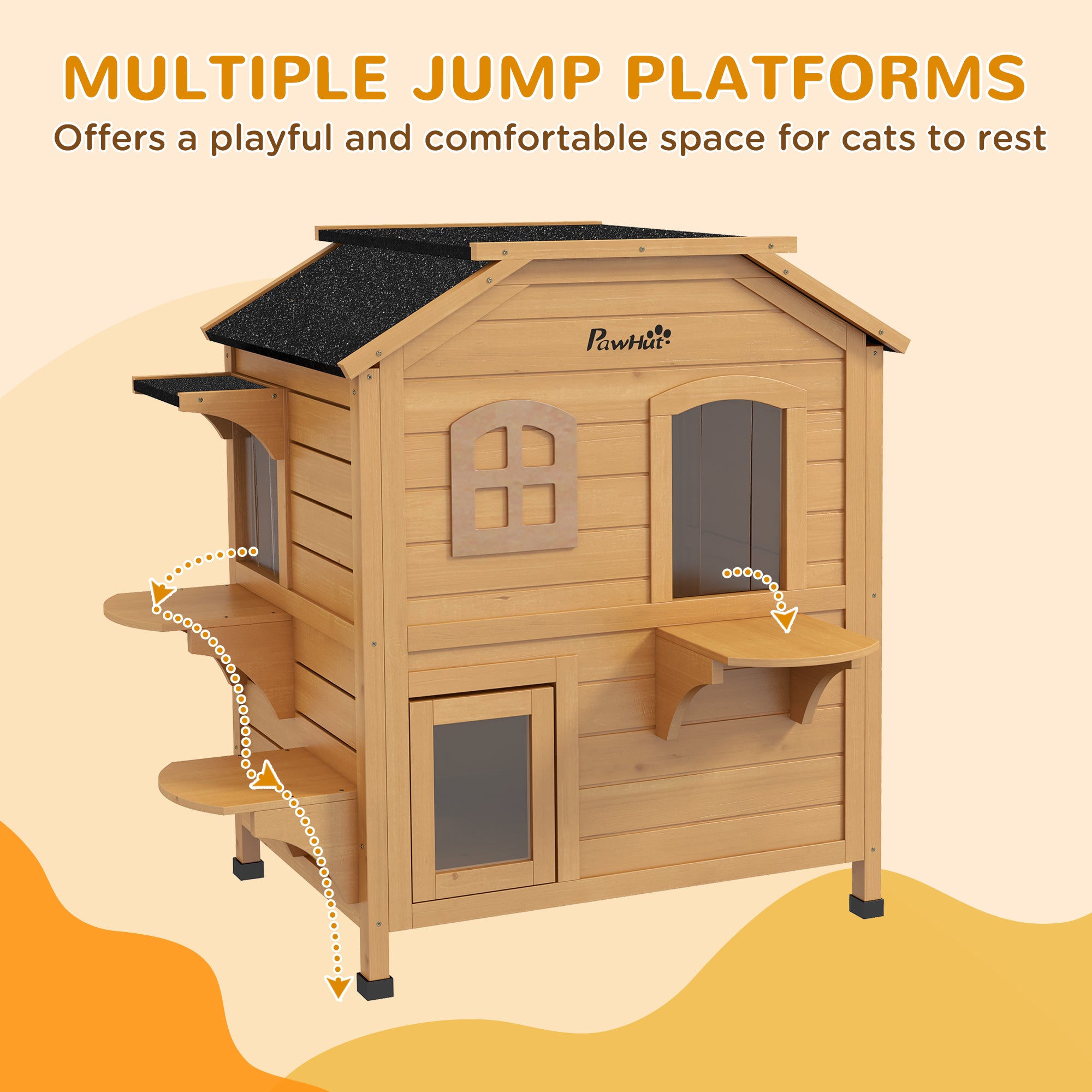  2-story Cat House Outdoor, Weatherproof Wooden Cat Enclosure for Feral Cats with Escape Door, Openable Roof, Jumping Platforms, Natural