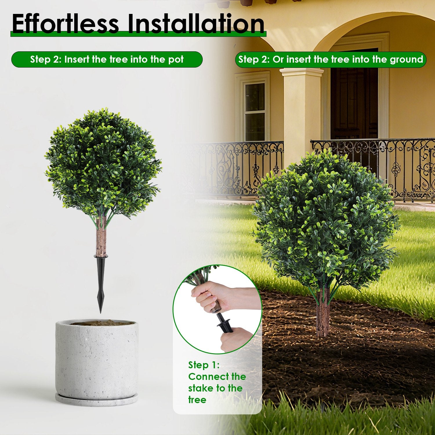 2 Packs Faux Boxwood Ball Trees Artificial Peanut Topiary Tree UV Resistant Artificial Shrubs Fake Plants Evergreen Artificial Bush With Ground Spike For Indoor Outdoor Front Porch Garden