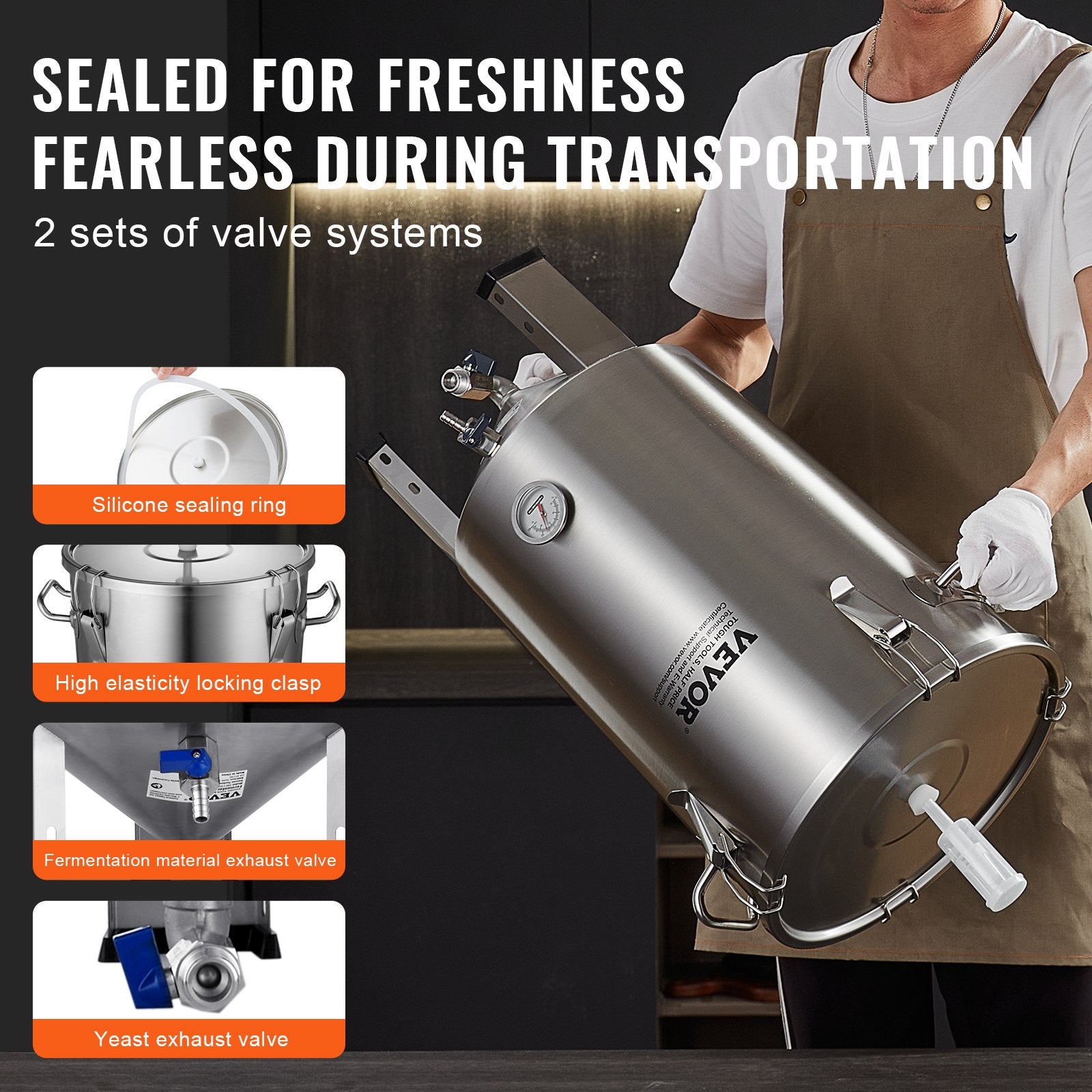 304 Stainless Steel Kettle, 8 GALLON Beer Brew Fermentor, Brew Bucket Fermentor For Brewing, Home Brewing Supplies With Base, Kettle Stock Pot Includes Lid, Handle, Valve, Spigot, Thermometer