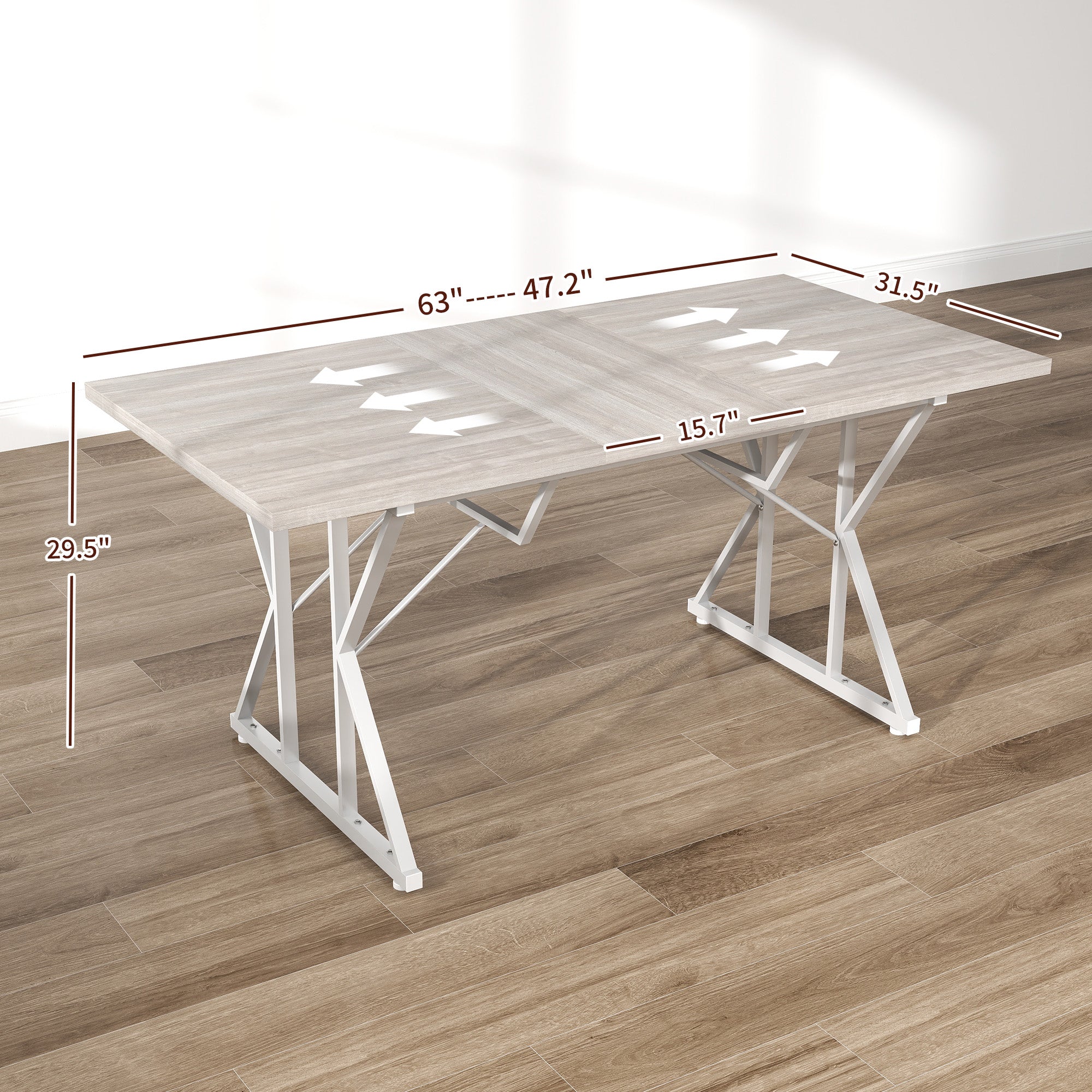 47"-63" Extendable Dining Table for 4-6, Farmhouse Expandable Kitchen Table with Heavy Duty Trestle Base, Gray