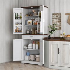 71" Tall Kitchen Cabinet, Farmhouse Pantry Cabinet w/ Barn Doors, 6 Shelves w/ 2 Doors, Drawer and Adjustable Shelves, White