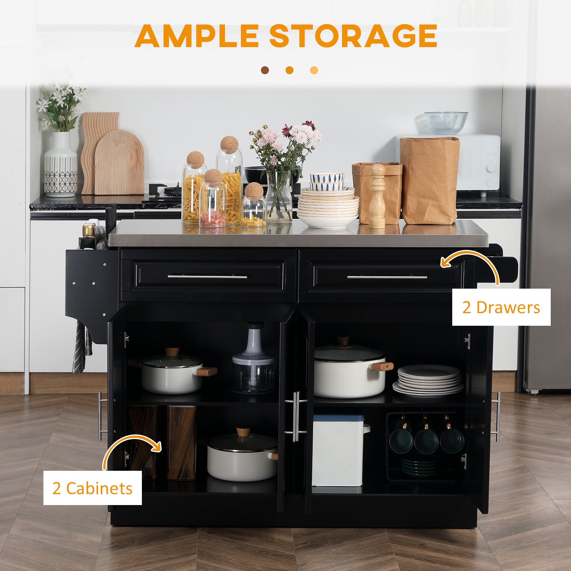 Rolling Kitchen Island Cart with Wheels, Portable Island Table for Kitchen with Stainless Steel Top, Adjustable Shelves, 2 Drawers, Spice, Knife and Towel Rack, Black