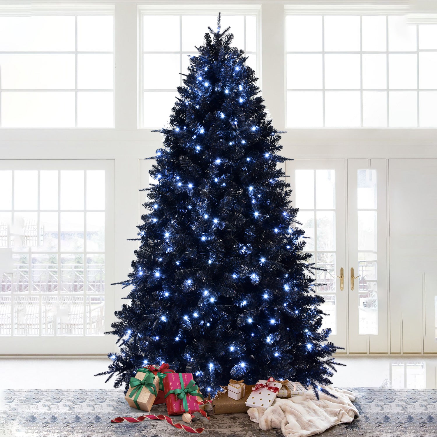 Prelit Black Christmas Tree With White Lights Artificial Fake Christmas Tree With PE&PVC Branch Tips For Halloween And Xmas Tree For Holiday Decorations, Metal Stand And Hinged Branches