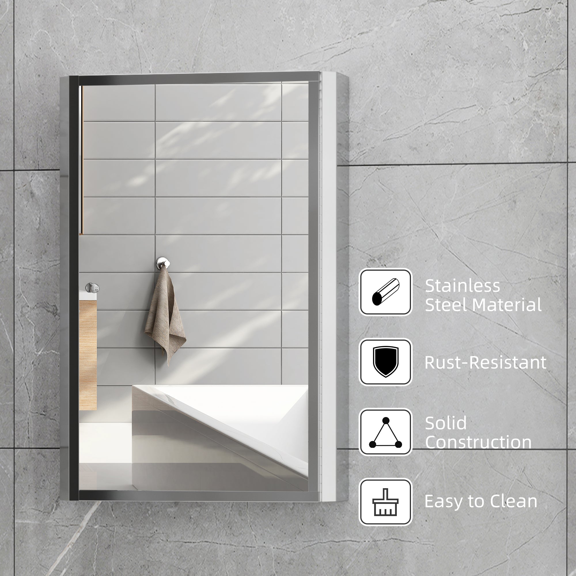 Bathroom Mirrored Cabinet, Vertical 16" x 24" Stainless Steel Frame Medicine Cabinet, Wall-Mounted Storage Organizer with Single Door