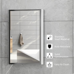 Bathroom Mirrored Cabinet, Vertical 16" x 24" Stainless Steel Frame Medicine Cabinet, Wall-Mounted Storage Organizer with Single Door